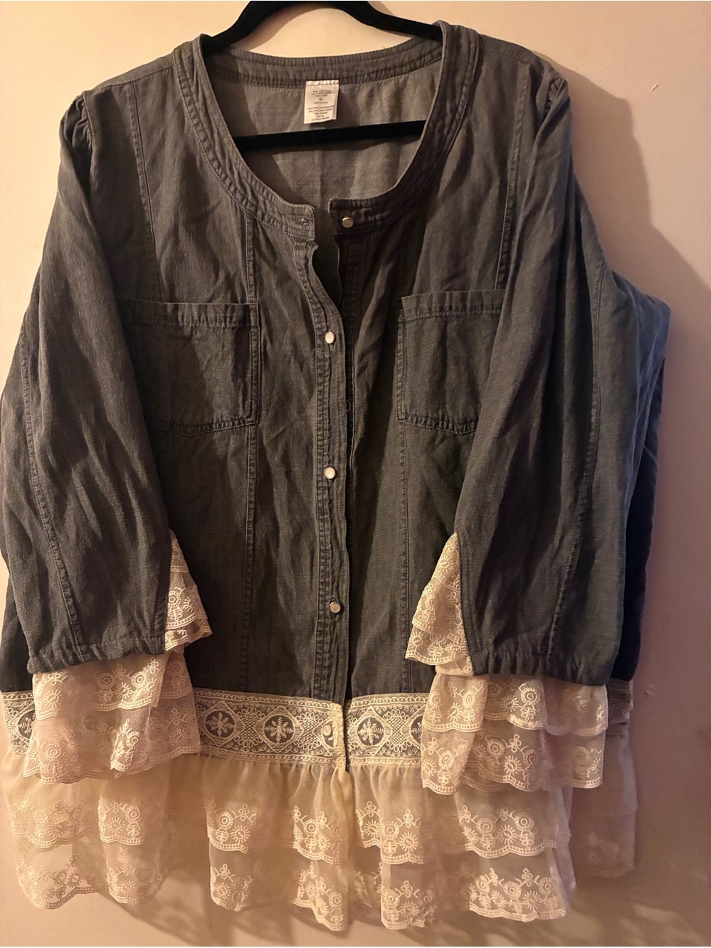 Boho Lace-Trim Button Front Jacket in Slate Gray and Cream
